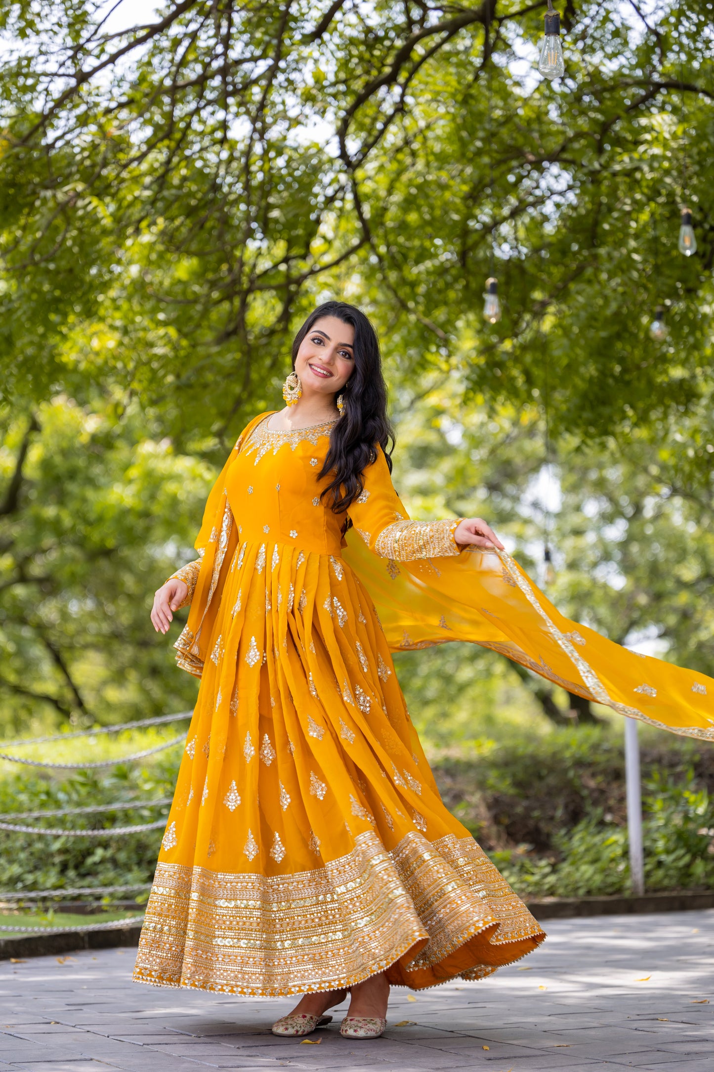Luminous Mustard Yellow Faux Georgette Sequins Embroidered Anarkali Suit