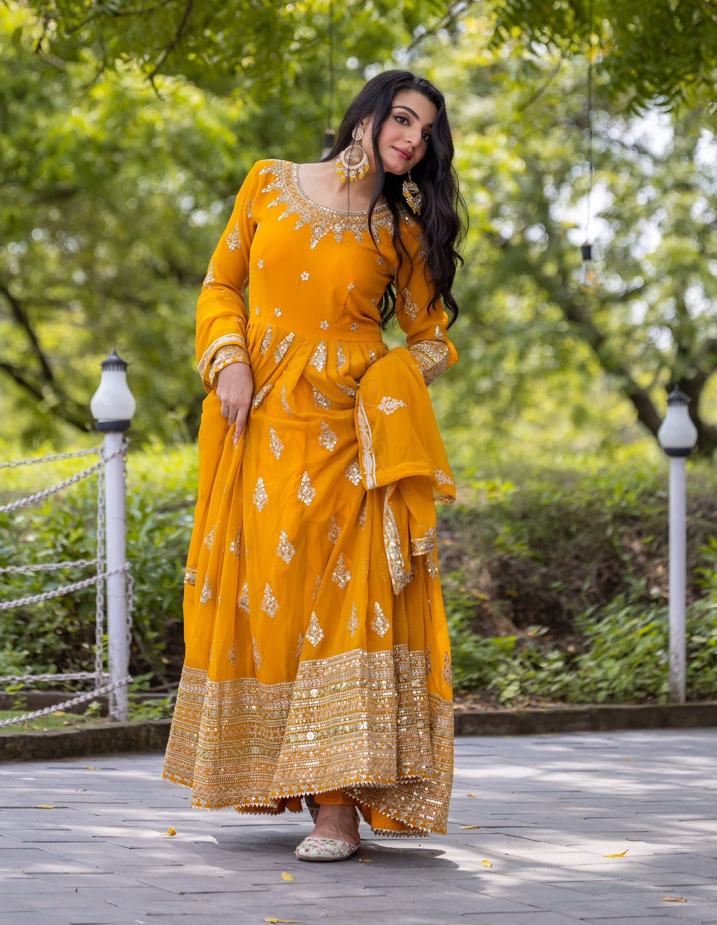 Luminous Mustard Yellow Faux Georgette Sequins Embroidered Anarkali Suit