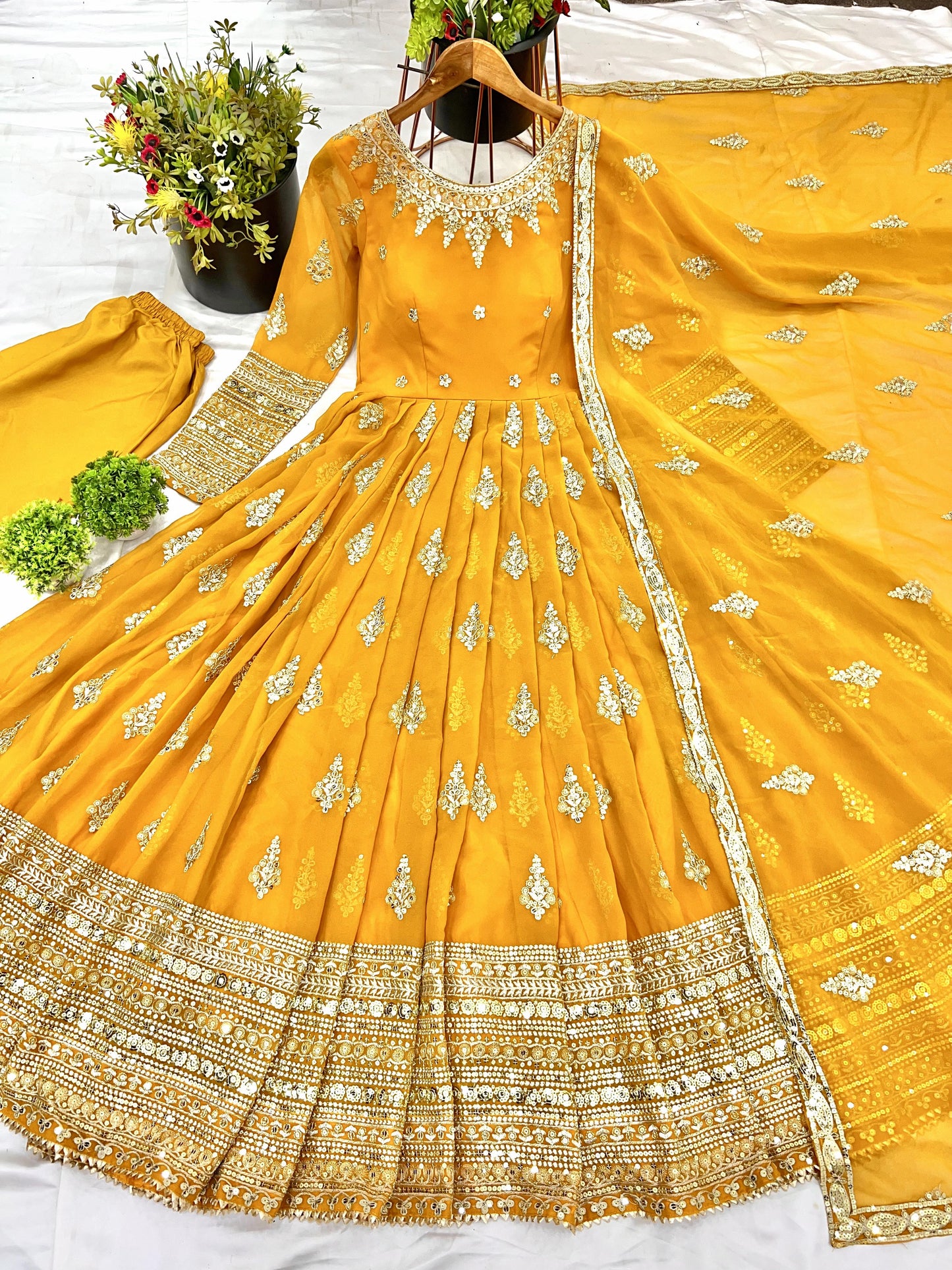 Luminous Mustard Yellow Faux Georgette Sequins Embroidered Anarkali Suit