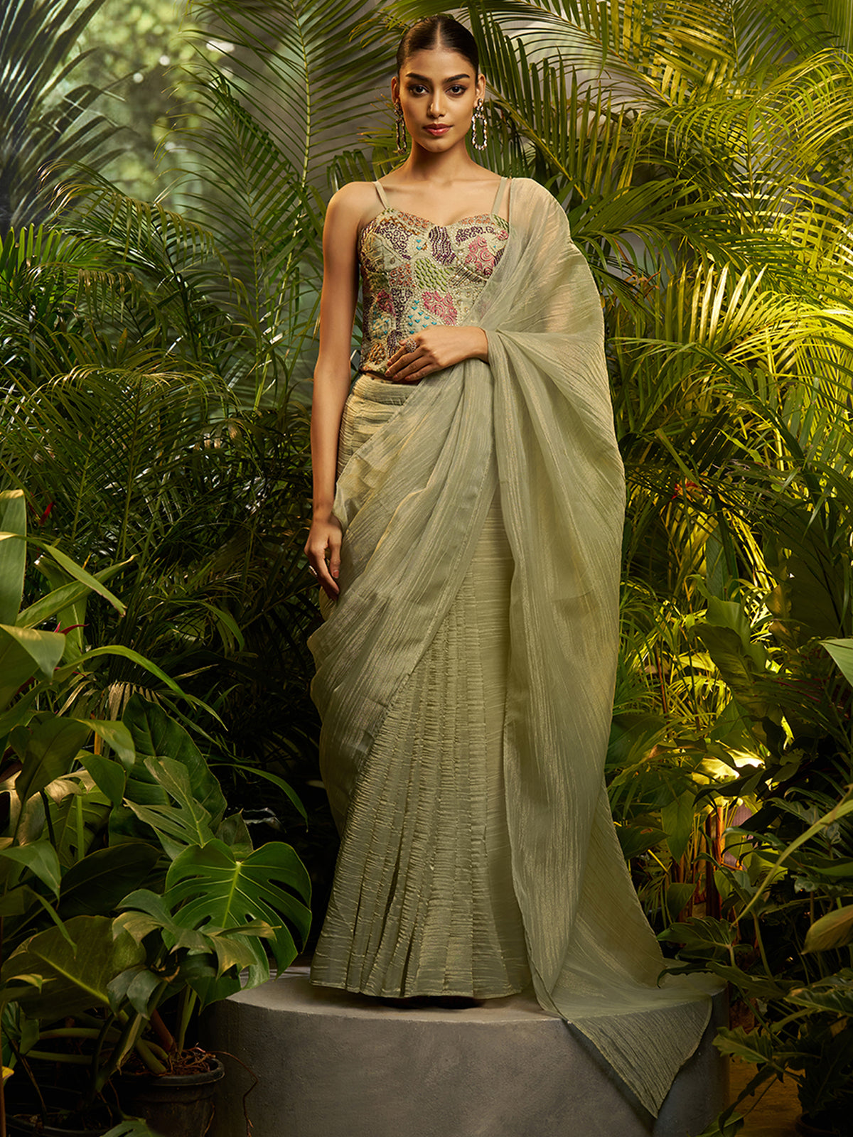Sage Green Ready-to-Wear Pure Tissue Saree & Stitched Blouse