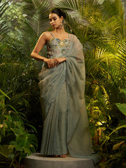Sage Green Embroidered Saree with Designer Blouse – Elegant Party Wear Collection