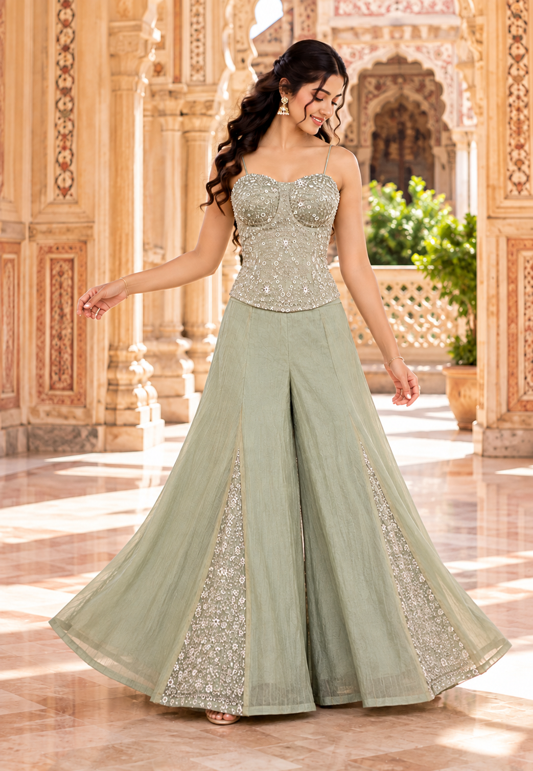Sage Green Salsa Silk Sharara Set with Bead, Zari & Sequin Embroidery
