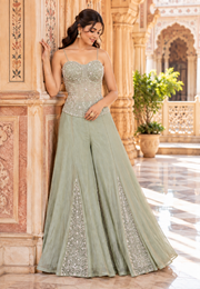 Sage Green Salsa Silk Sharara Set with Bead, Zari & Sequin Embroidery