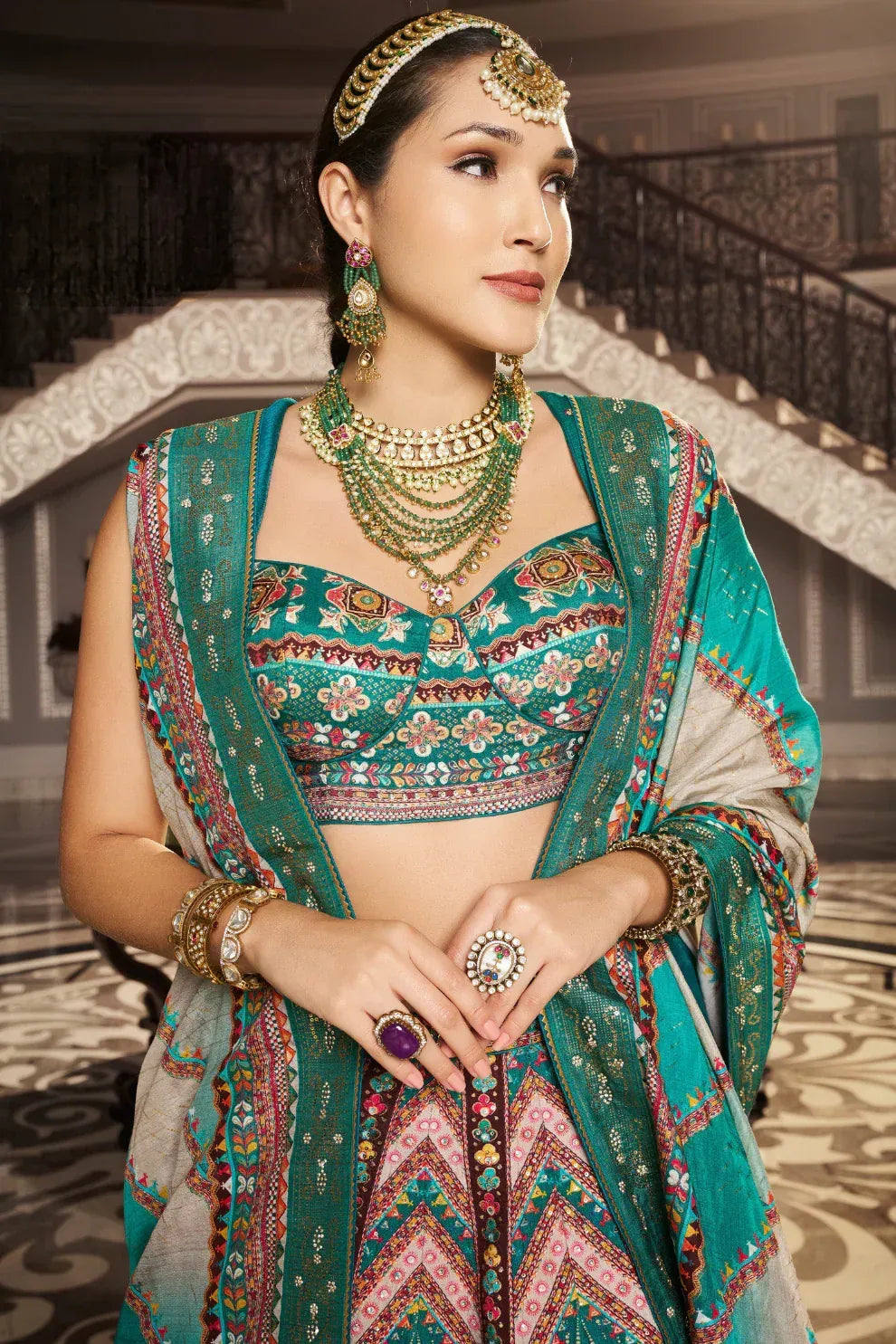 Sea Green & Turquoise Banarasi Silk Zari Lehenga Choli