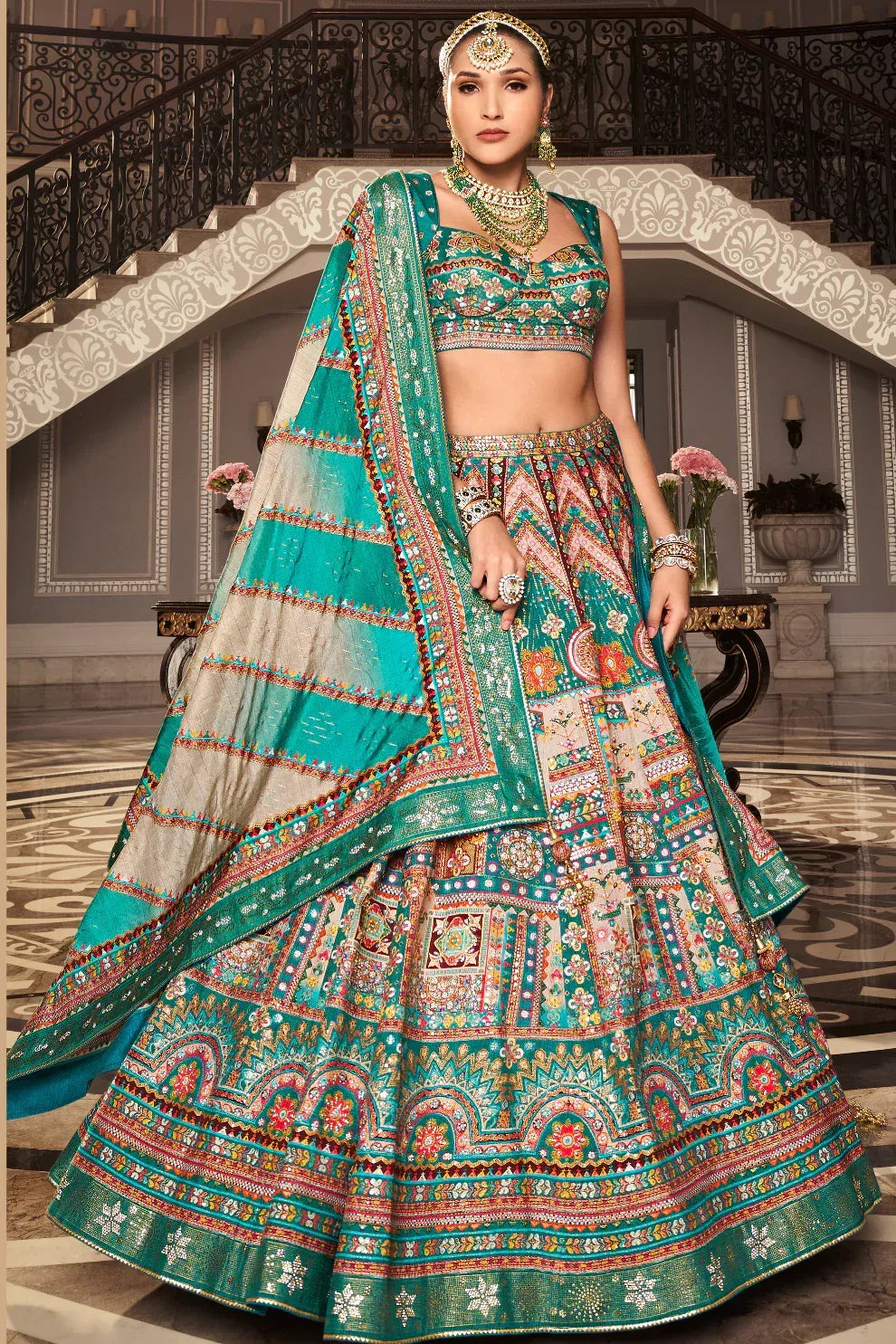 Sea Green & Turquoise Banarasi Silk Zari Lehenga Choli