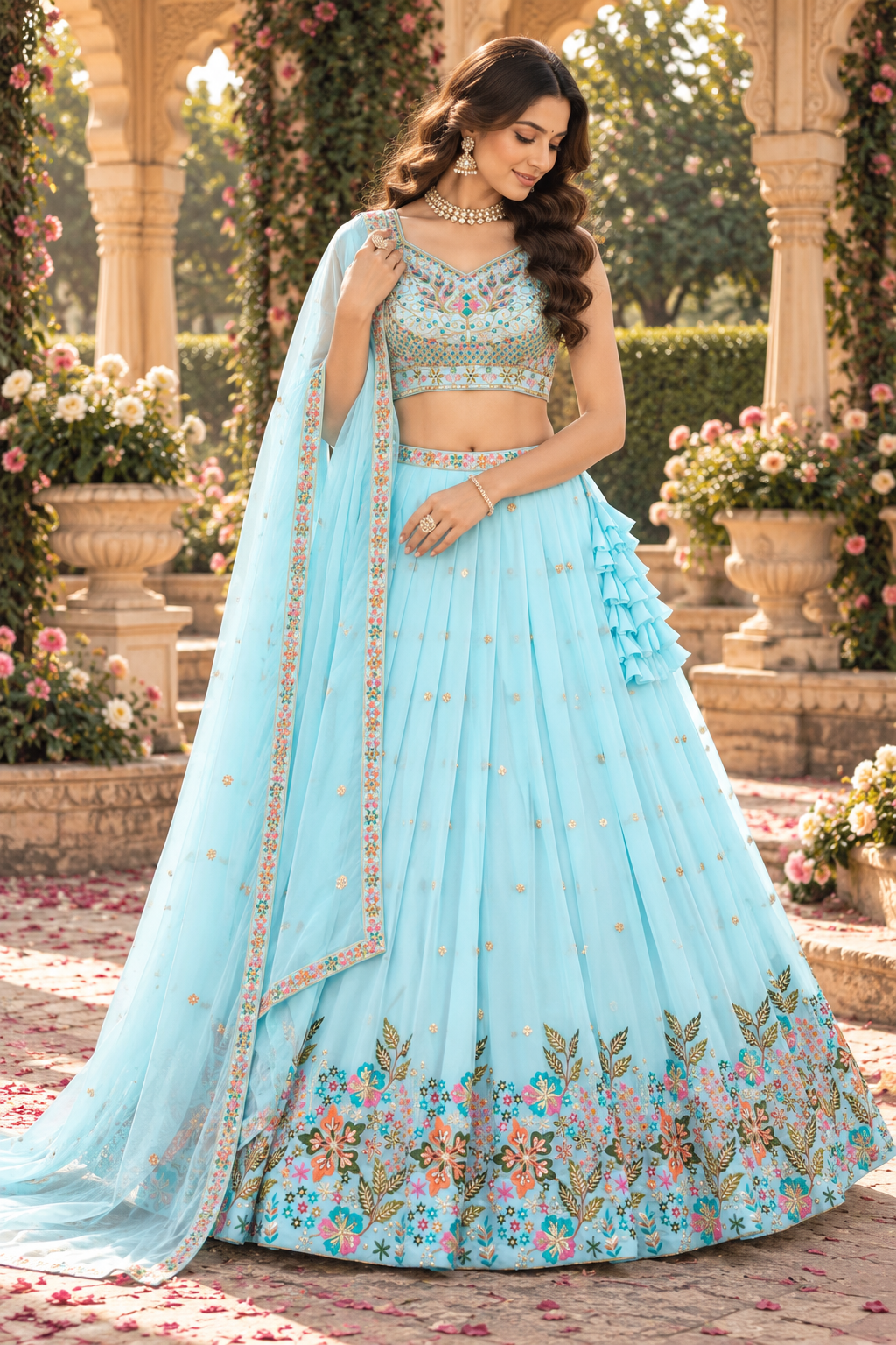 Sky Blue Fox Georgette Sequin Lehenga Choli