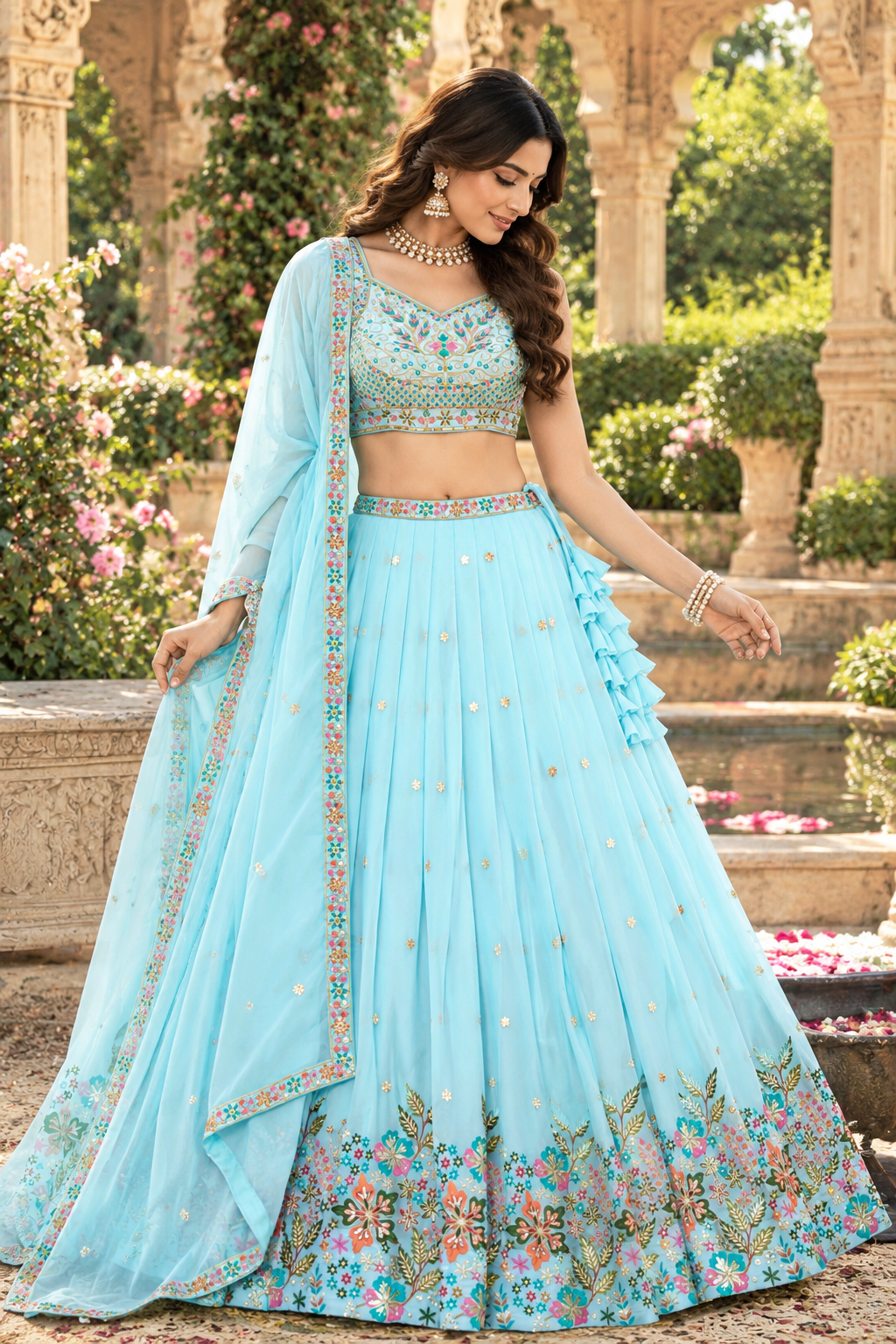 Sky Blue Fox Georgette Sequin Lehenga Choli