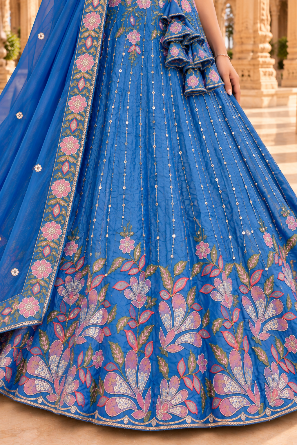 Sky Blue Floral Embroidered Lehenga Choli with Dupatta