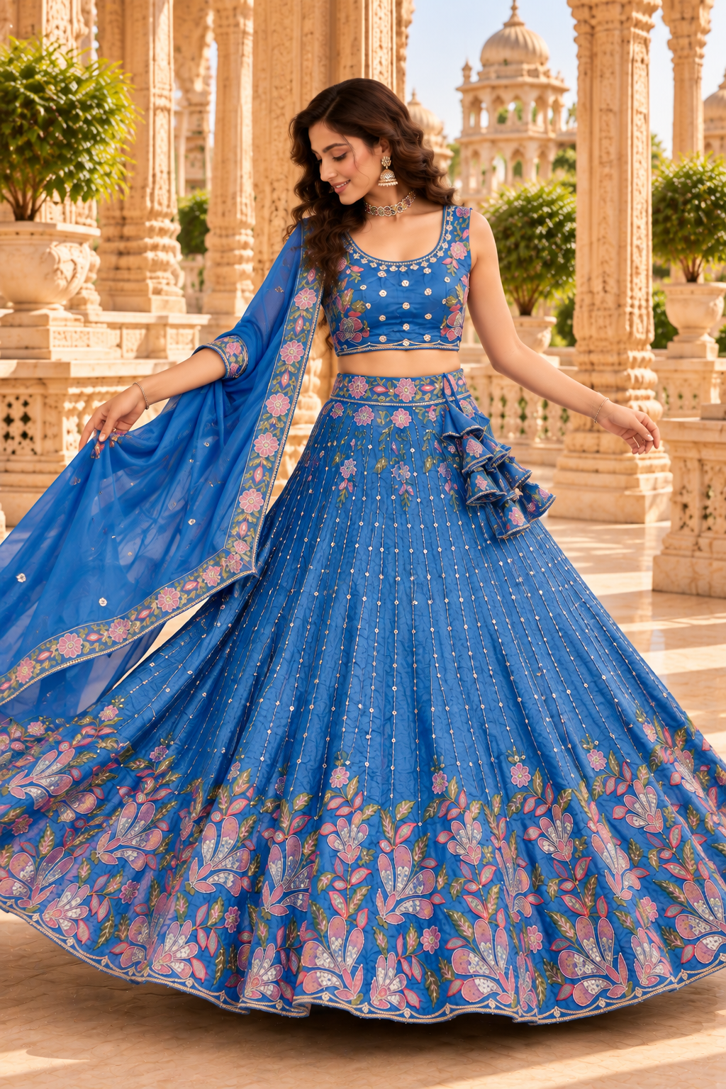Sky Blue Floral Embroidered Lehenga Choli with Dupatta