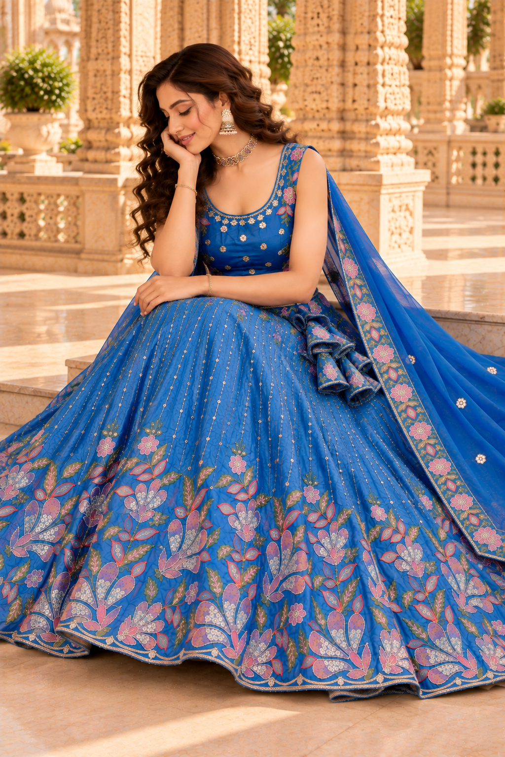 Sky Blue Floral Embroidered Lehenga Choli with Dupatta