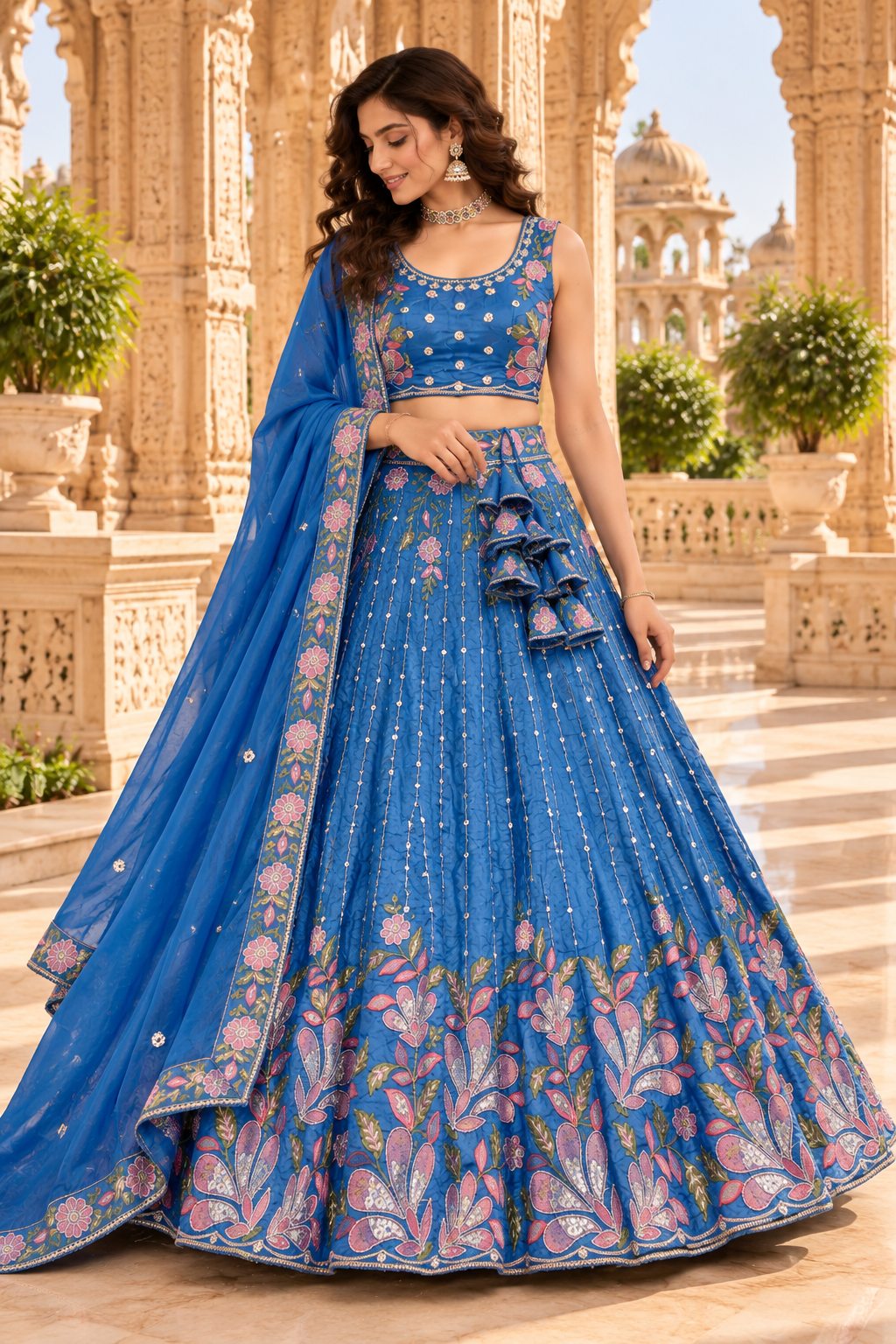 Sky Blue Floral Embroidered Lehenga Choli with Dupatta