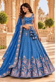Sky Blue Floral Embroidered Lehenga Choli with Dupatta