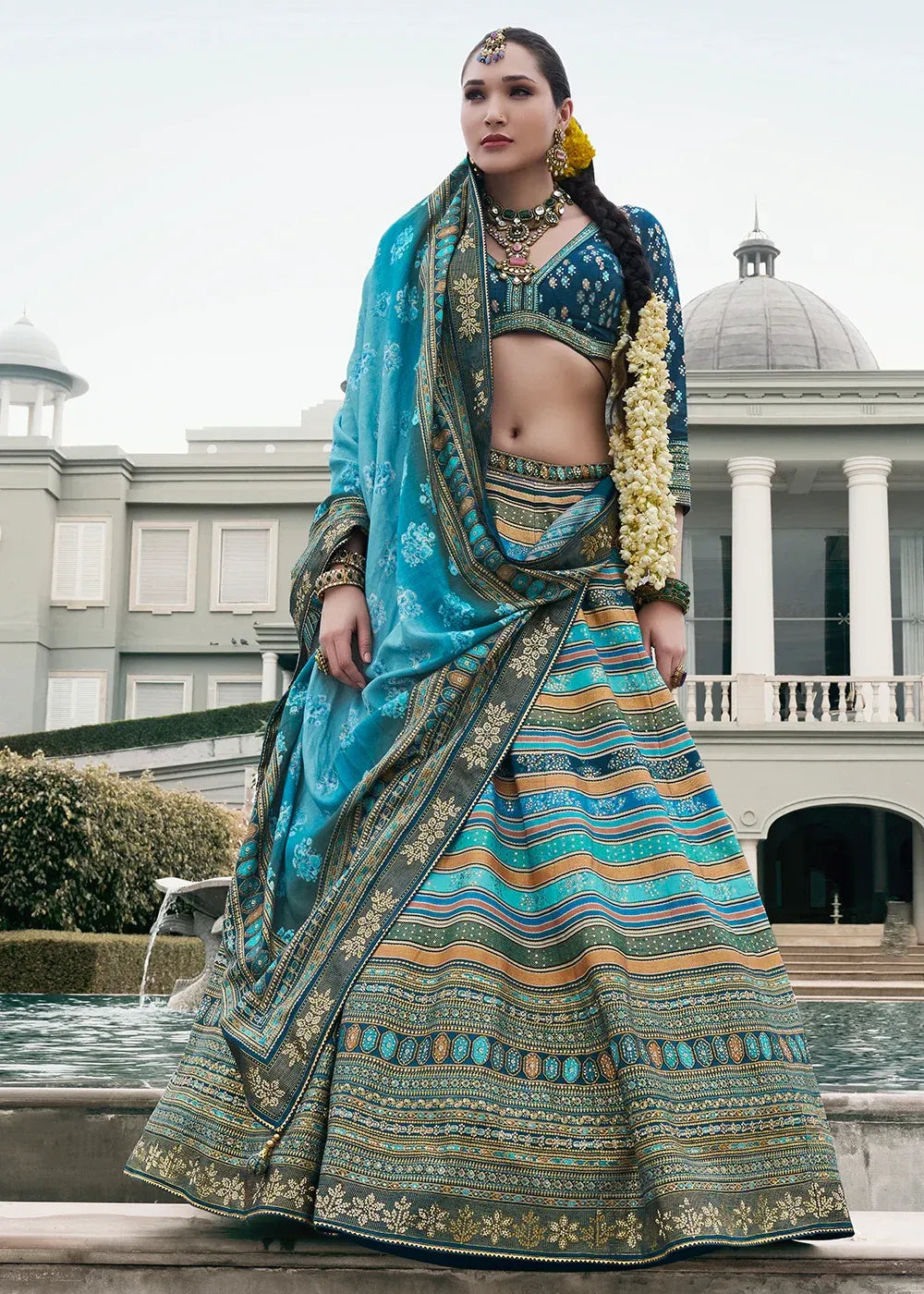 Sky Blue & Silver Banarasi Silk Zari Lehenga Choli