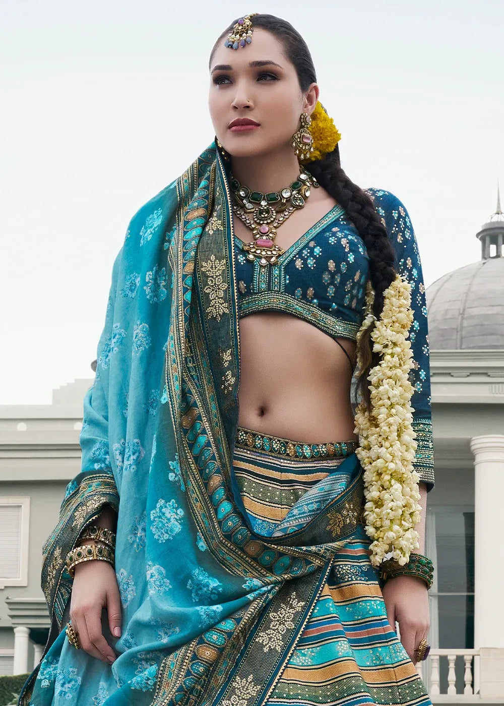 Sky Blue & Silver Banarasi Silk Zari Lehenga Choli