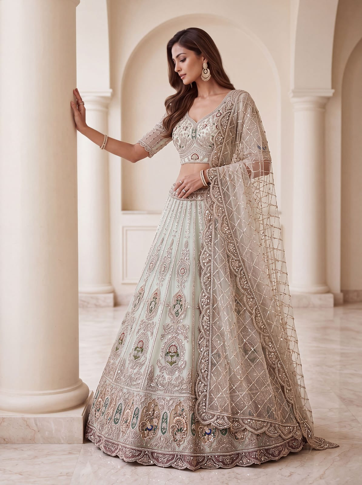 Sky Blue Net Crystal Handwork Zari Embroidered Lehenga Choli