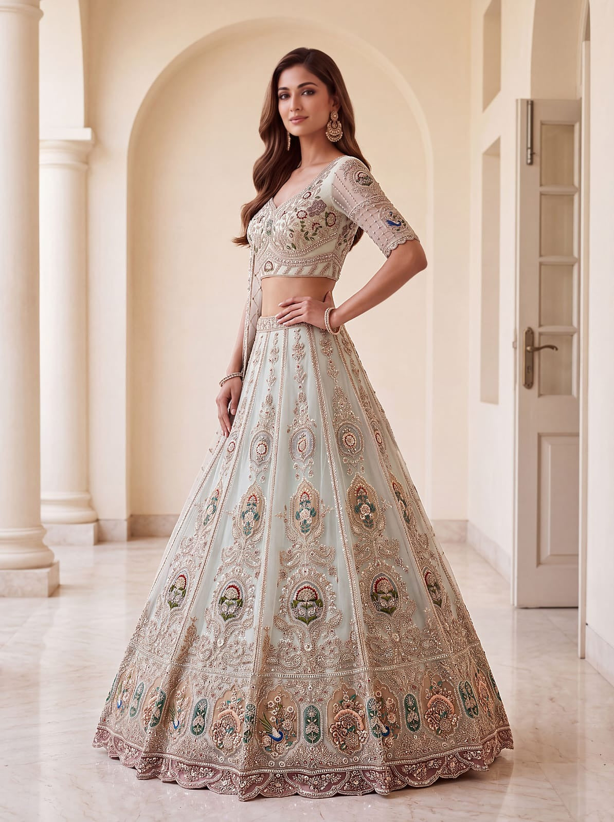 Sky Blue Net Crystal Handwork Zari Embroidered Lehenga Choli