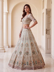 Sky Blue Net Crystal Handwork Zari Embroidered Lehenga Choli