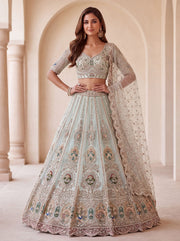 Sky Blue Net Crystal Handwork Zari Embroidered Lehenga Choli