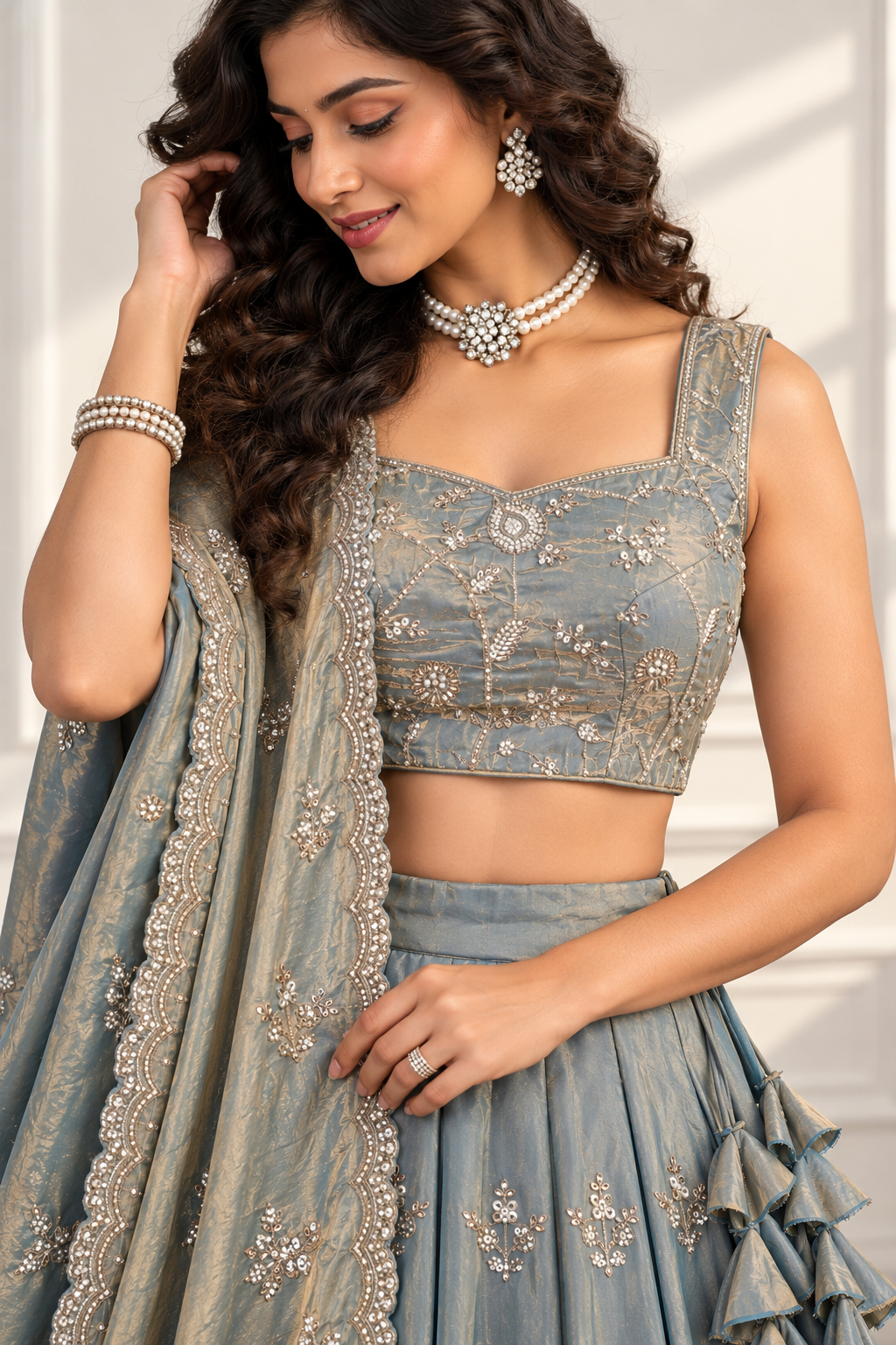 Smoky Grey Embroidered Lehenga Set