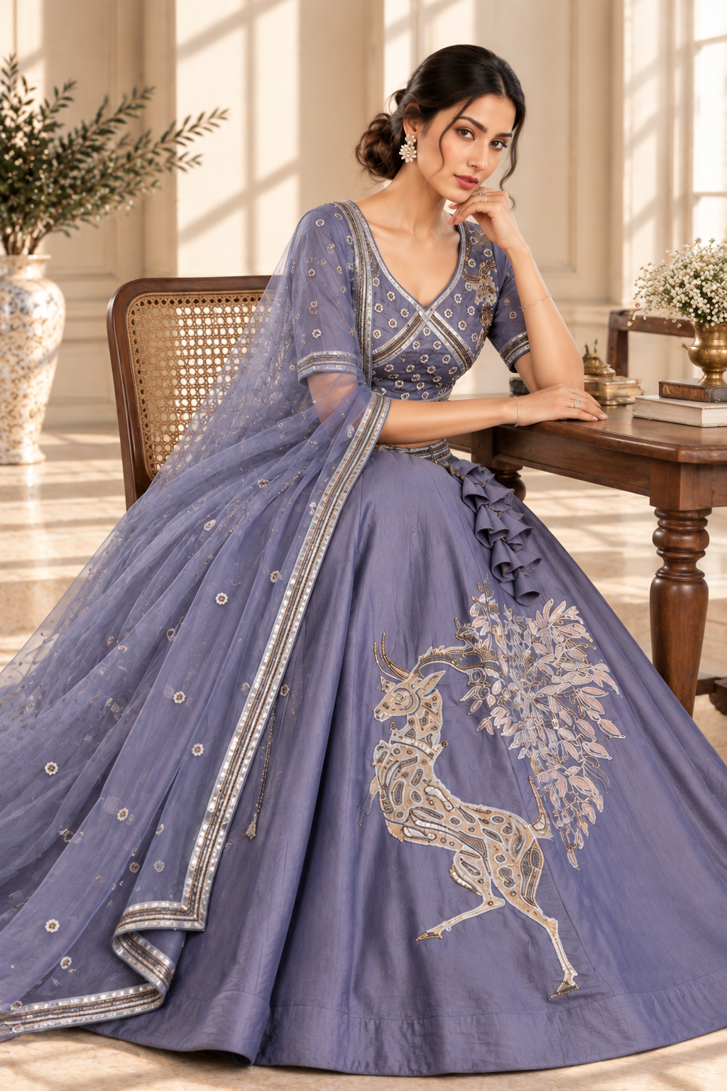 Steel Blue Dhurandhar Silk Lehenga Choli with Bead & Thread Work