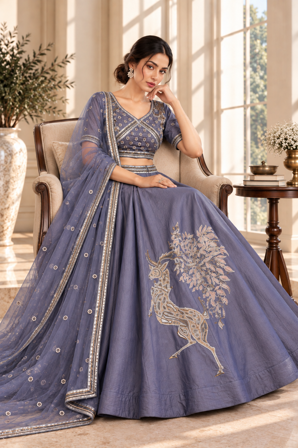 Steel Blue Dhurandhar Silk Lehenga Choli with Bead & Thread Work