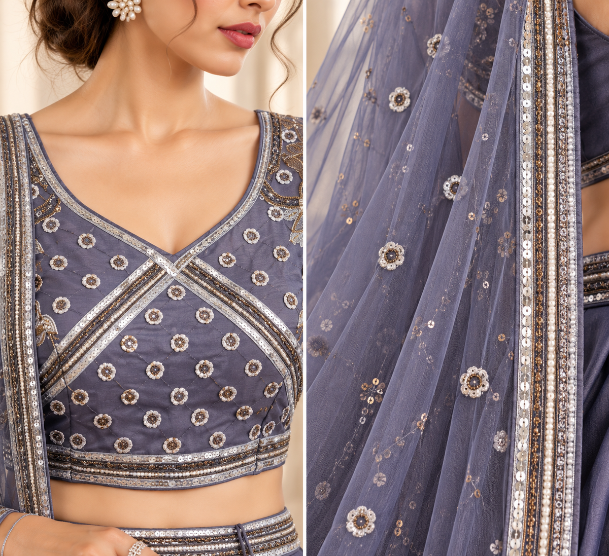 Steel Blue Dhurandhar Silk Lehenga Choli with Bead & Thread Work