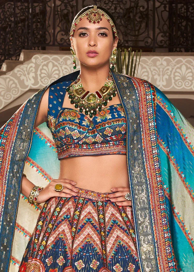 Steel Blue Multicolor Banarasi Silk Zari Lehenga Choli