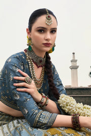 Steel Grey & Mustard Banarasi Silk Lehenga Choli