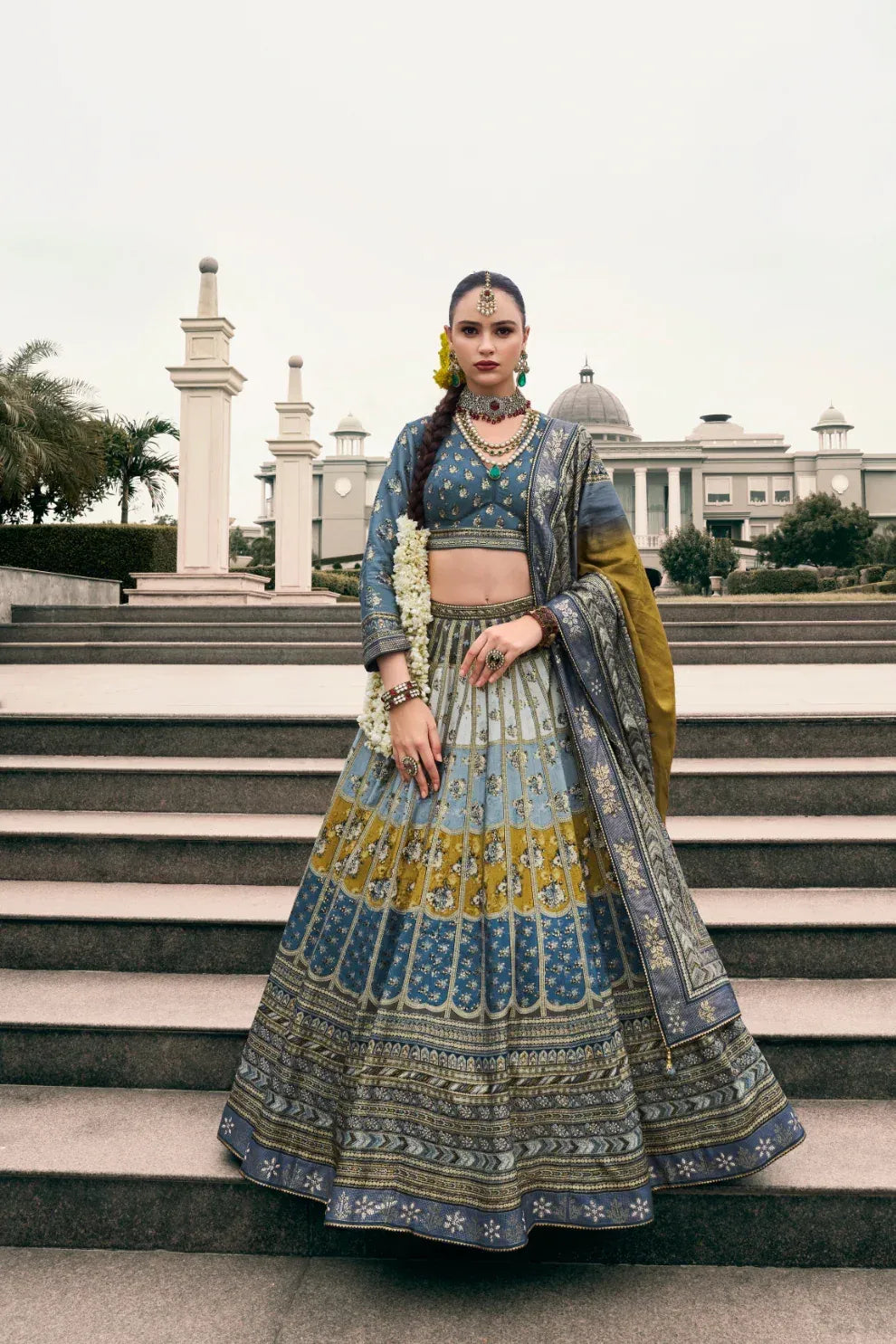 Steel Grey & Mustard Banarasi Silk Lehenga Choli