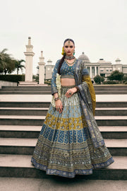 Steel Grey & Mustard Banarasi Silk Lehenga Choli
