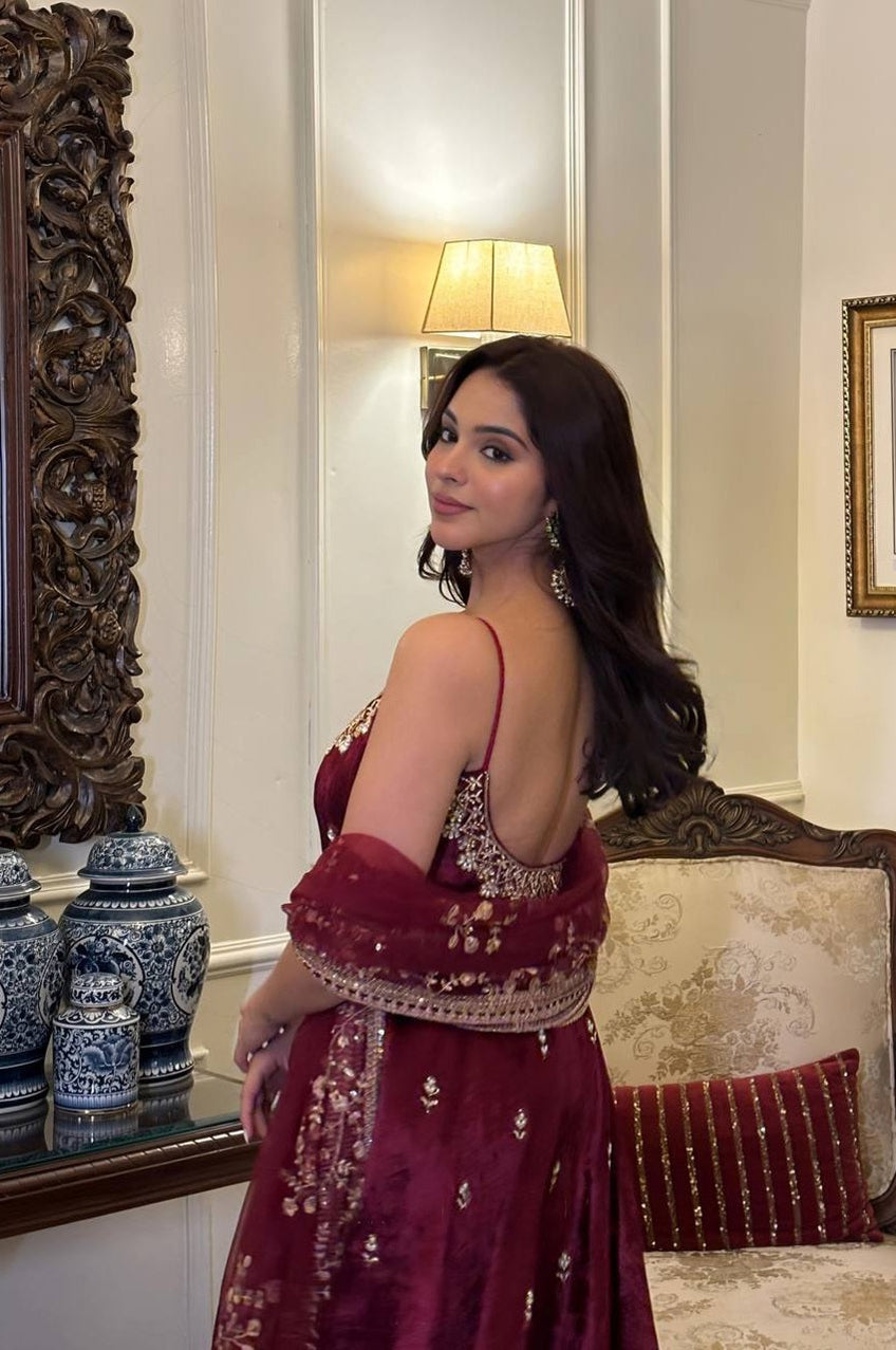 Trendy Premium Wine Color Anarkali Set with Hand Embroidery & Designer Dupatta