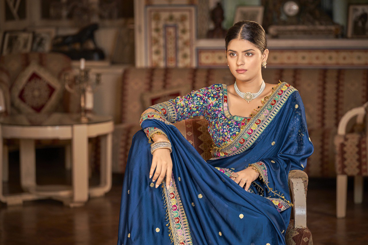 Navy Blue Georgette Saree with Resham, Zari & Sequins Work
