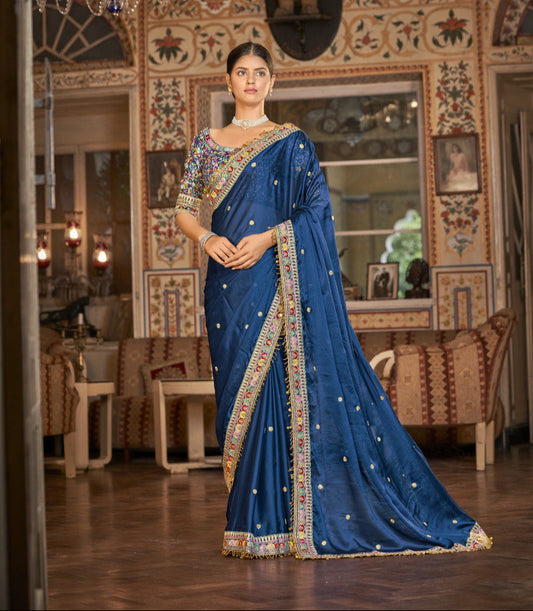 Navy Blue Georgette Saree with Resham, Zari & Sequins Work