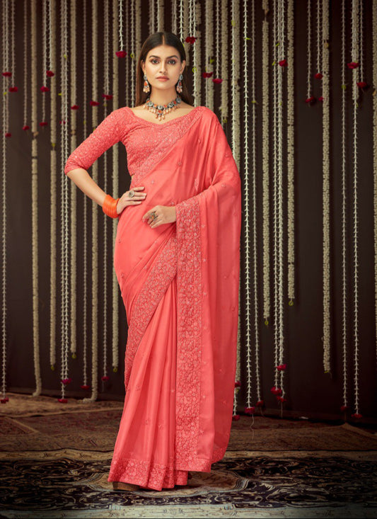 Grace in Peach Pink – Georgette Saree with Thread & Sequins Work