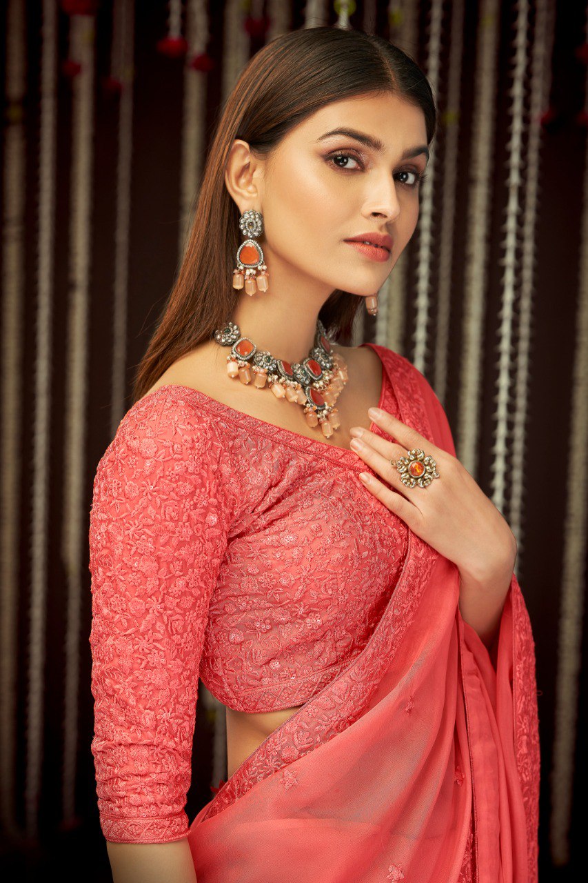 Grace in Peach Pink – Georgette Saree with Thread & Sequins Work