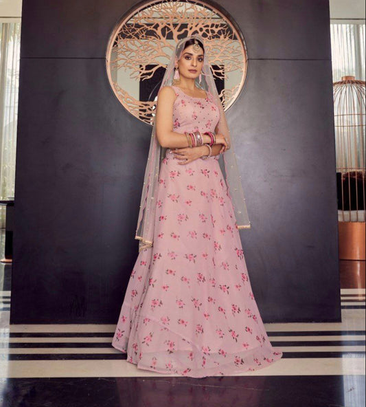 Elegant Peach Georgette Lehenga With Printed Mukesh Work