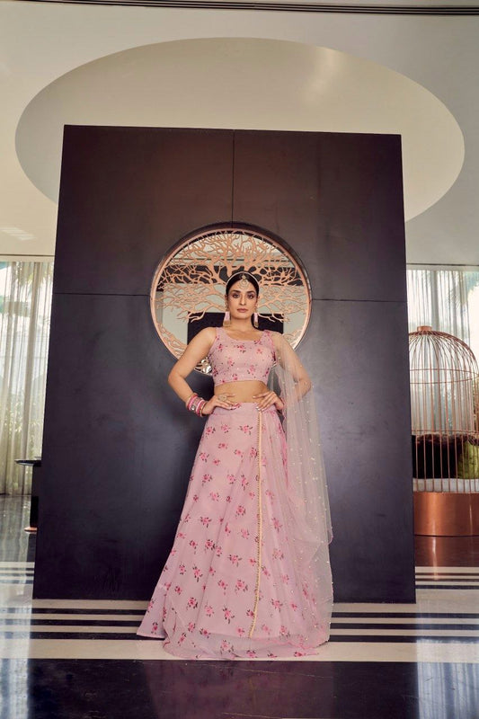 Elegant Peach Georgette Lehenga With Printed Mukesh Work