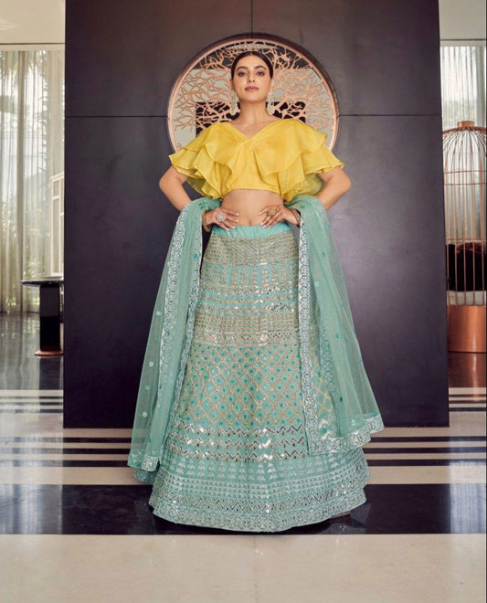 Turquoise Organza Lehenga with Thread, Sequins, Zari, and Foil Mirror Work