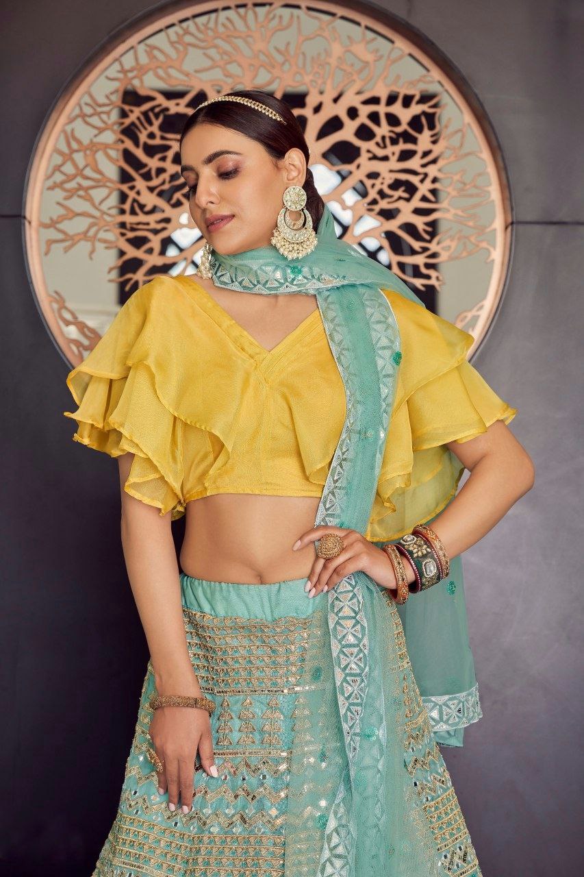 Turquoise Organza Lehenga with Thread, Sequins, Zari, and Foil Mirror Work