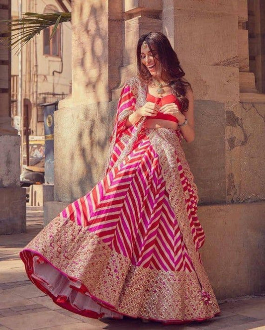 Pink Organza Lehenga With Sequins, Dori & Digital Print Work
