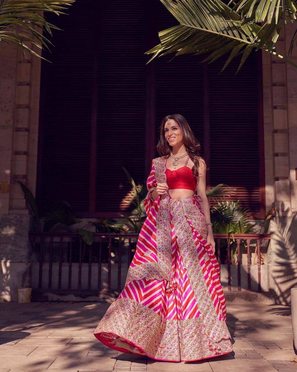 Pink Organza Lehenga With Sequins, Dori & Digital Print Work