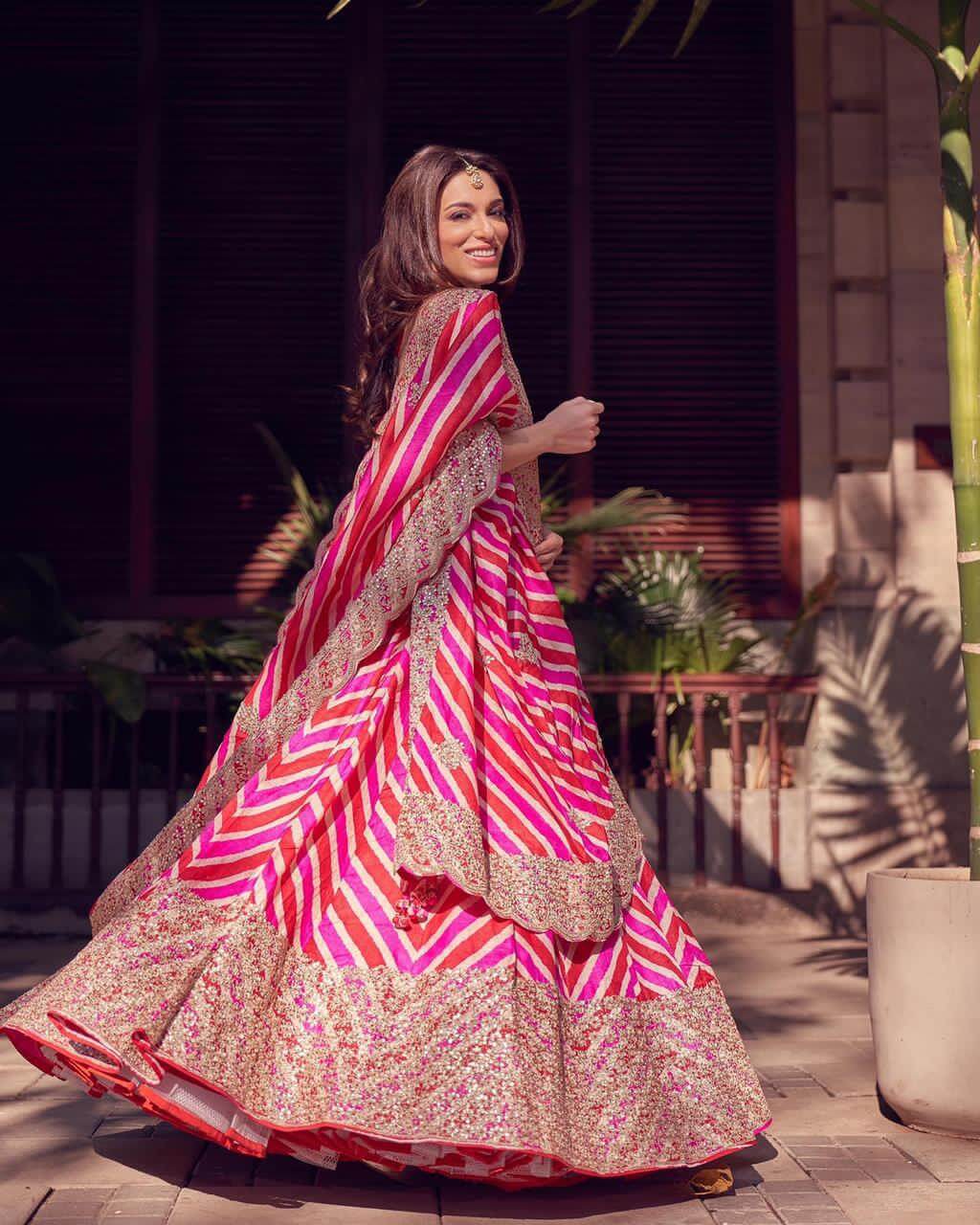 Pink Organza Lehenga With Sequins, Dori & Digital Print Work