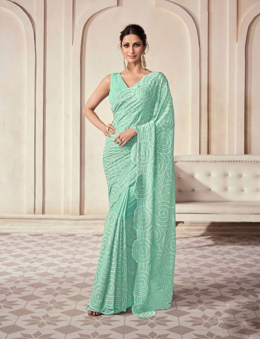 Aqua Georgette Saree With Elegant Embroidery Work