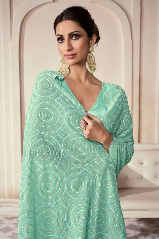 Aqua Georgette Saree With Elegant Embroidery Work