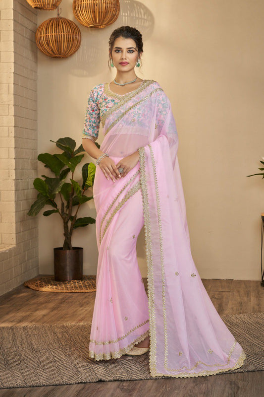 Pink Organza Saree With Resham & Zari Embroidery