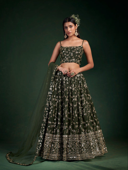 Mehendi Green Georgette Lehenga Set with 7mm Sequins & Zari Work