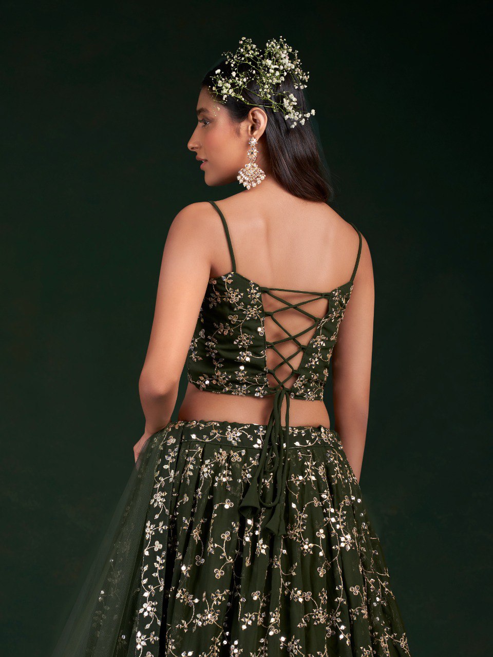 Mehendi Green Georgette Lehenga Set with 7mm Sequins & Zari Work