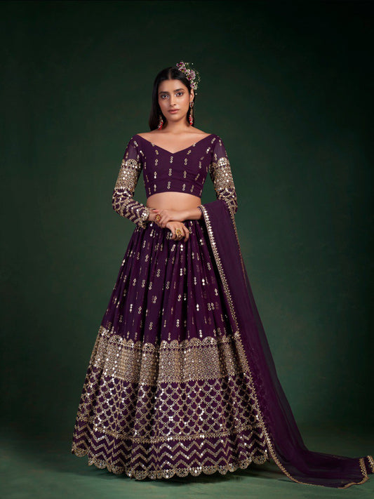 Wine Georgette Lehenga Set with Zari, Sequins & Foil Mirror Work