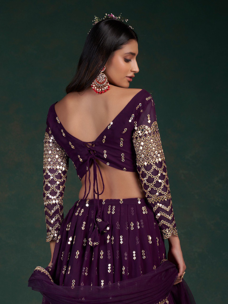 Wine Georgette Lehenga Set with Zari, Sequins & Foil Mirror Work