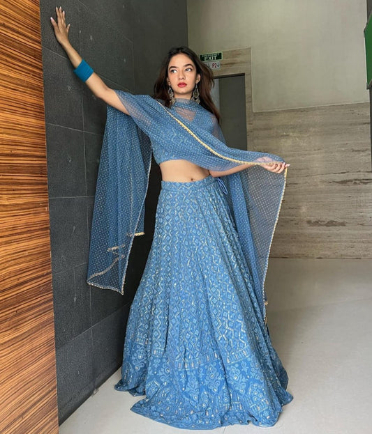 Blue Georgette Lehenga With Resham & Sequin Embroidery